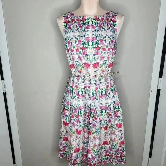 Talbots Blue Pink Falling Floral Rose Fit Flare Pockets  Dress 6 Petite Lovely M - Picture 1 of 10